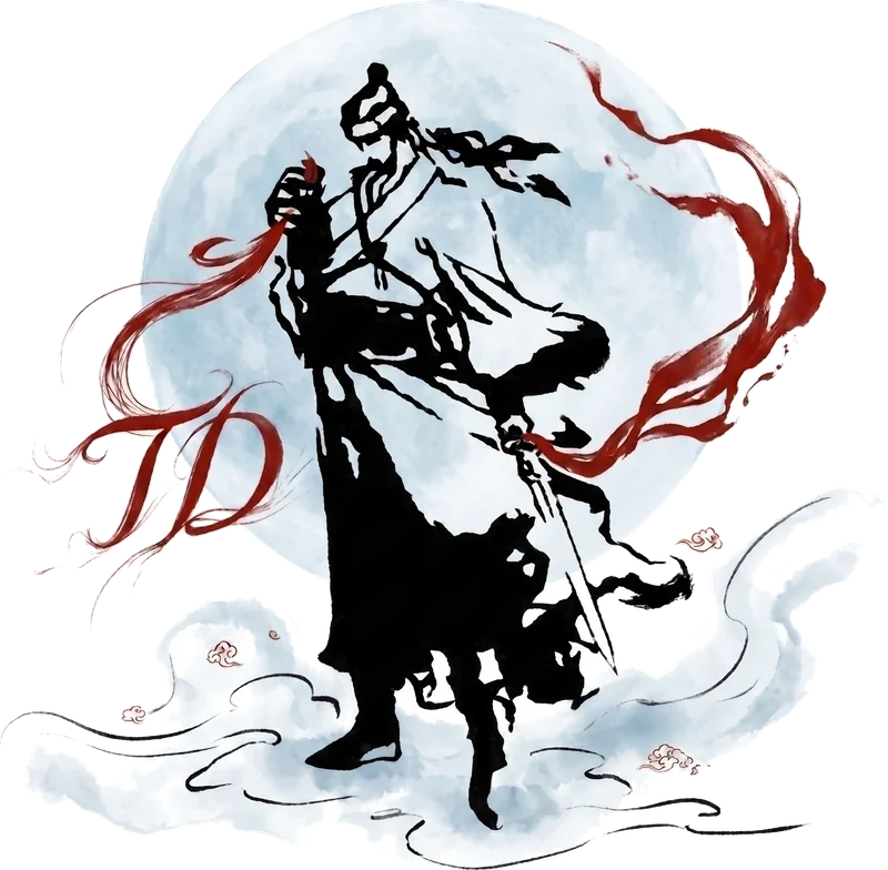 朝二品牌 LOGO：圆月下的黑侠客剪影，系朱红绸带
